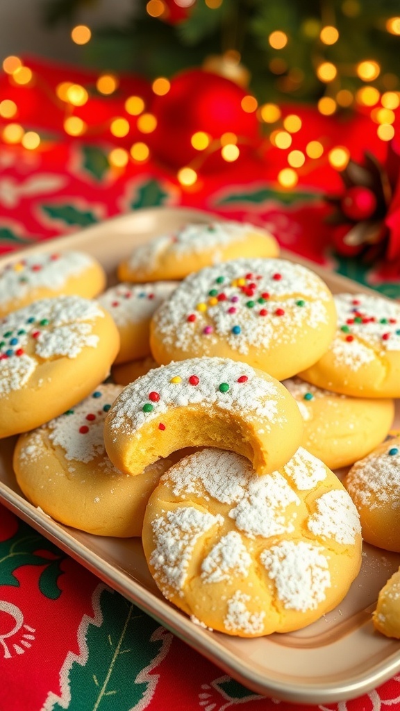 A colorful display of yellow cake cookies with powdered sugar and sprinkles on a festive table.